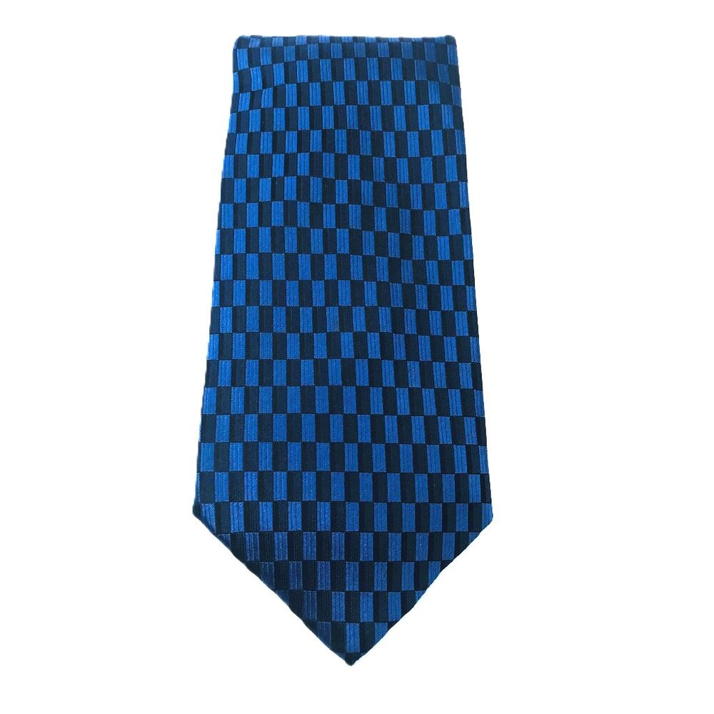 DeSantis Collection Italy 100% Silk Necktie Black & Blue Checkered